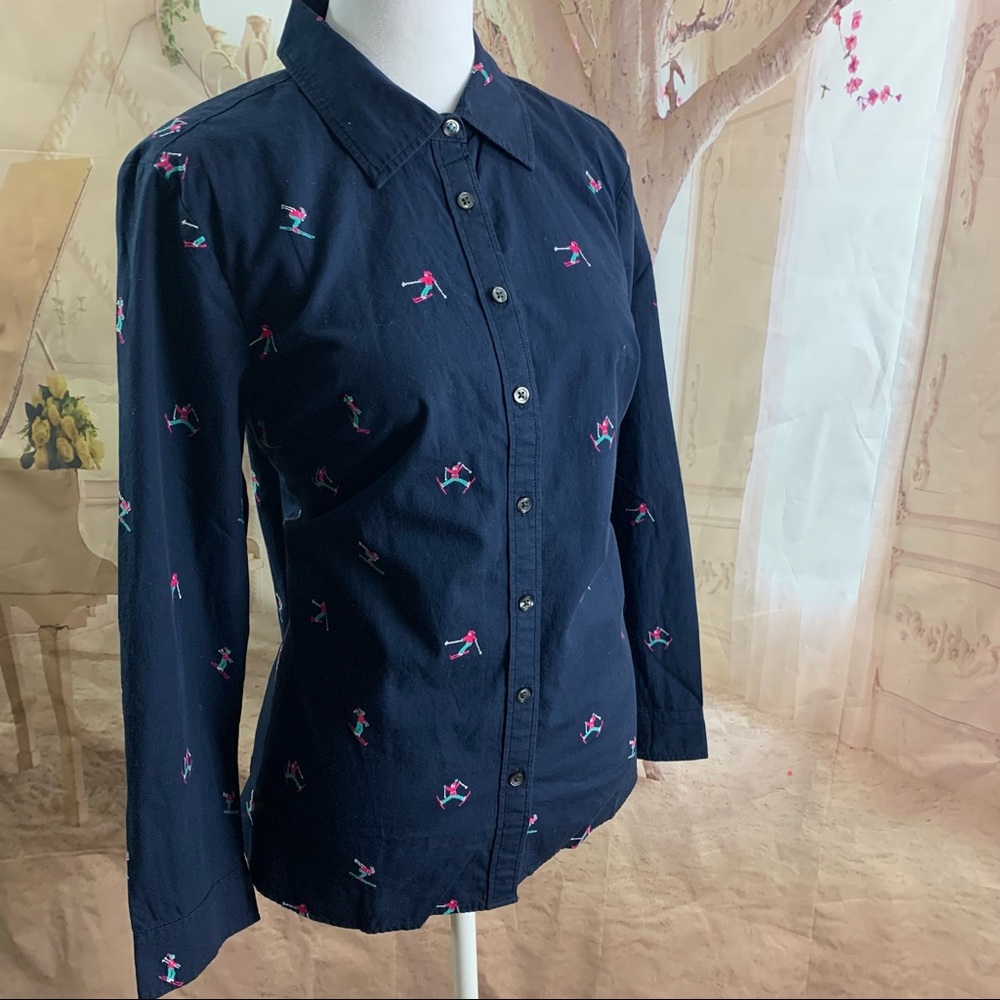 NEW Talbots Navy Embroidered Ski Print Button Down Shirt - Picture 4 of 10